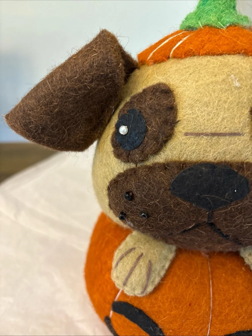 Halloween PUG Wool Plush 11” Jack O Lantern Decor.  New